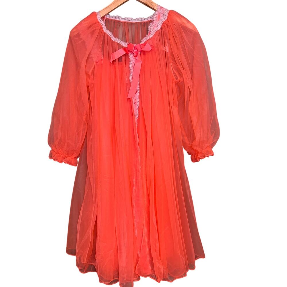 Vintage 60s Lisette Peignoir Set Chiffon Sheer Robe Nightgown Coral Tangerine S